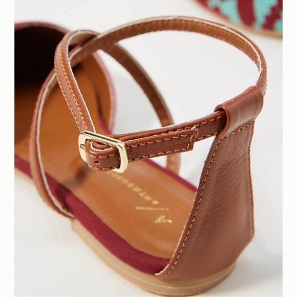 Anthropologie NWB Burgundy Turquoise Geometric Aztec Strappy Flats size 6 - Picture 4 of 11